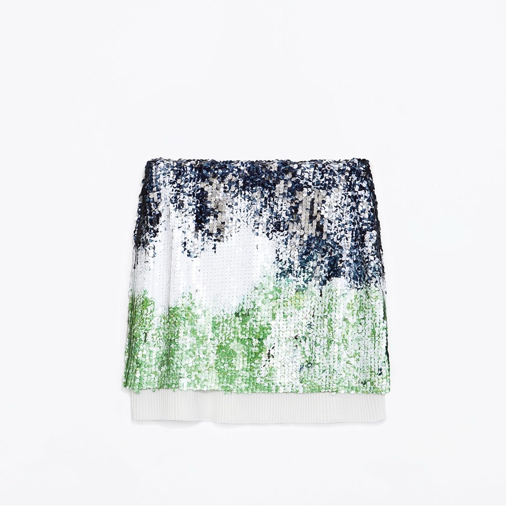 Zara Sequin Mini Skirt in Green, Blue, and White, size S